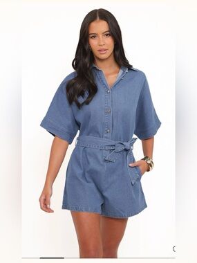 Petal & Pup Blue Denim Short-Sleeve Tie-Waist Romper